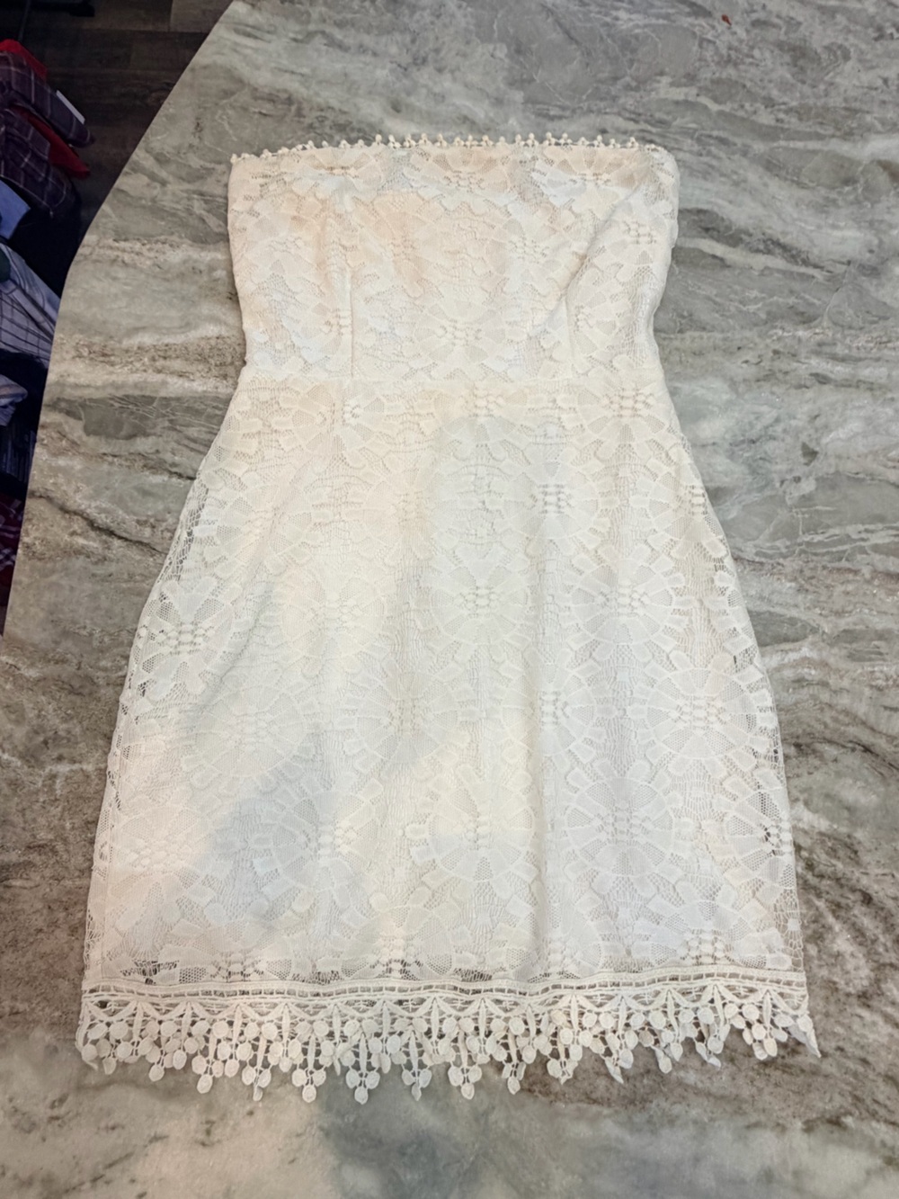 Accidentally in Love Ivory Lace Strapless Dress Size 3 Boho Crochet Fringe Hem